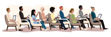 Farklı milletlerden insanlar bir konferansta, seminerde ya da toplantıda oturuyorlar. Beyaz arkaplanda vektör illüstrasyonu.