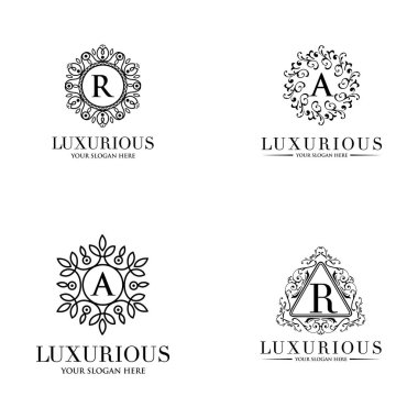 Lüks bir şekilde gelişen vektör elementleri kümesi. Restoran, Kraliyet, Butik, Kafe, Otel, Heraldik, Mücevher, Moda ve diğer vektör illüstrasyonları için lüks logo şablonu