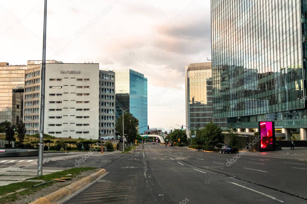 Santa Fe, Mexico City: June 9, 2020. Streets of the financial center of Mexico City, emptied by the covid quarantine 19. Coronavirus