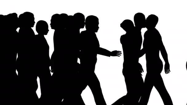 Crowd of silhouettes people moves on white — Stock Video
