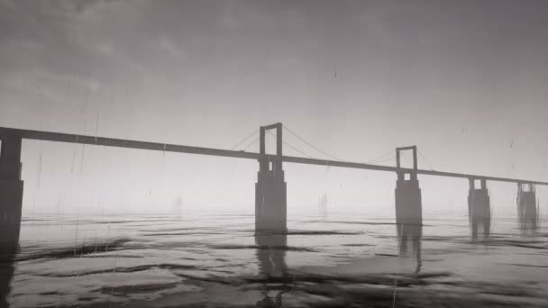 Мост и парусная лодка во время шторма — стоковое видео
