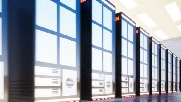 Datacenter med servrar i ett stort rum — Stockvideo