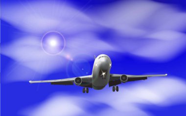 Mavi gökyüzü bulutlu vektör arka plan üzerinde gerçekçi uçak