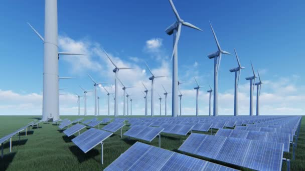 Solar panel array en wind turbines — Stockvideo
