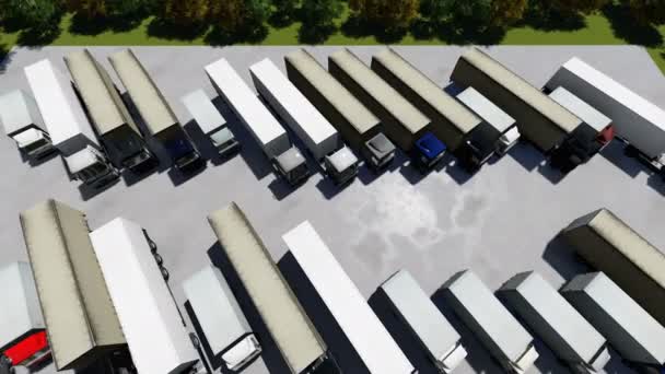 在特别停车场与货物拖车停放的半卡车的空中顶视图. — 图库视频影像