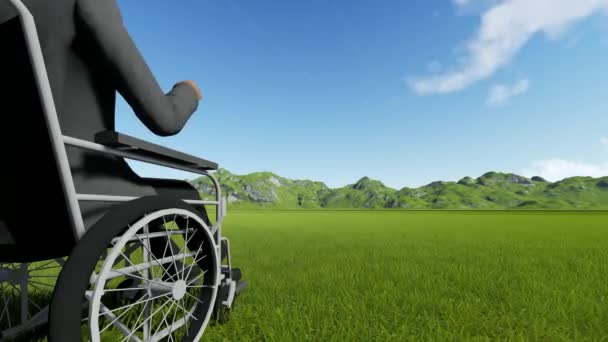 Disabled person in a chair against the backdrop of beautiful mountains — Stock Video