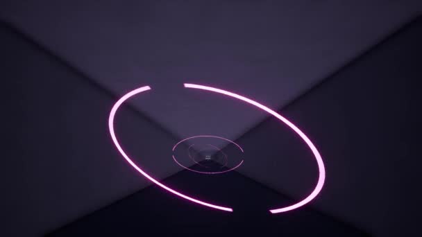 Luz ultravioleta fluorescente, líneas de neón brillantes, avanzando dentro de un túnel sin fin, espectro rosa azul, iluminación colorida moderna — Vídeo de stock