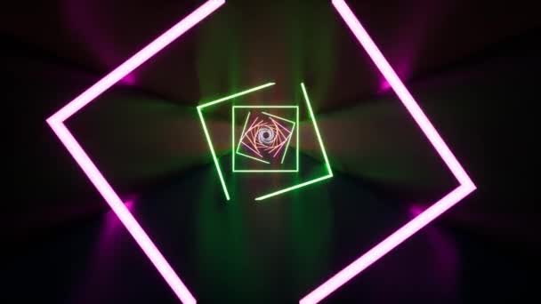 Rendering 3d, sfondo astratto, luce ultravioletta fluorescente, linee luminose al neon, spostandosi in avanti all'interno del tunnel, spettro rosa blu, illuminazione moderna colorata — Video Stock