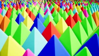 Modern renkli piramitler, herhangi bir amaç için büyük tasarım. Teknoloji desen. Yeşil arka plan. Soyut üçgen. Kırmızı arka plan. Mavi renk. 4k