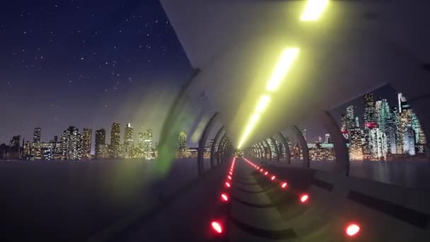 Fluorescent ultraviolet light, glowing neon lines tunnel — Stock Video