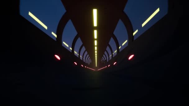 Флуоресцентне ультрафіолетове світло, світяться неонові лінії тунелю — стокове відео