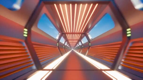 Rörelse inuti en neon metall tunnel. — Stockvideo
