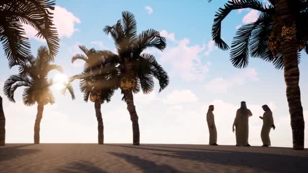 Vier arabische Männer unterhalten sich am Strand mit Palmen. — Stockvideo