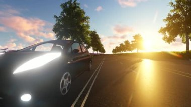 Araba, fütüristik ağ ve teknoloji ile karanlık günbatımı.