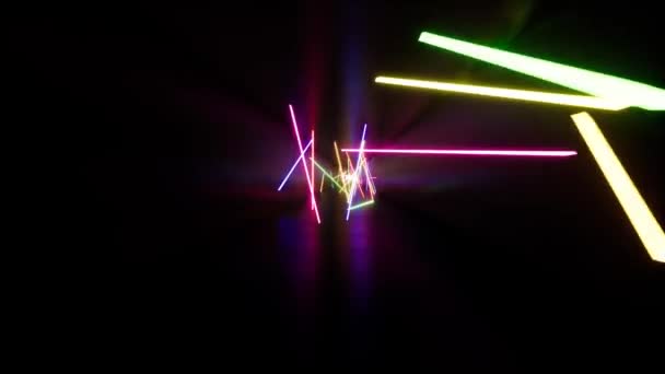 Fluorescerende ultraviolet licht, gloeiende neon lijnen, voorwaarts bewegen binnen tunnel, blauw roze spectrum, moderne kleurrijke verlichting — Stockvideo