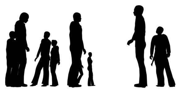 Silhouettes of people are standing on a white background