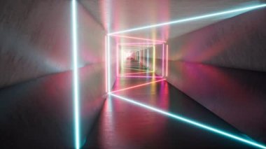 Floresan ultraviyole ışık, parlayan neon hatları, tünel içinde ileri ye doğru hareket, mavi pembe spektrum, modern renkli aydınlatma