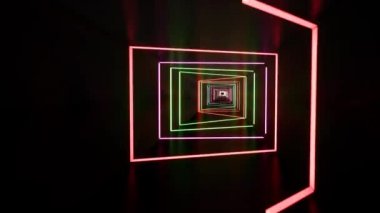 Floresan ultraviyole ışık, parlayan neon hatları, tünel içinde ileri ye doğru hareket, mavi pembe spektrum, modern renkli aydınlatma