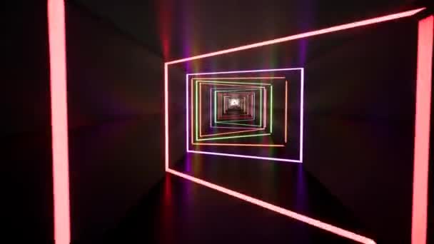 Luz ultravioleta fluorescente, líneas de neón brillantes, avanzar dentro del túnel, espectro rosa azul, iluminación colorida moderna — Vídeos de Stock