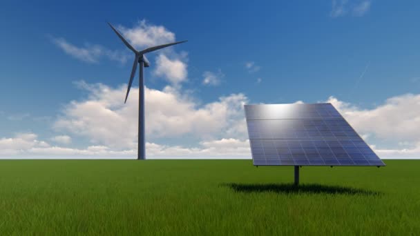 Виробництво електроенергії вітровими турбінами та сонячною панеллю — стокове відео