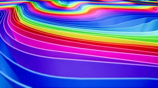 Animación 3D de filas y filas de rayas de colores en un arco iris en una formación circular ondulación . — Vídeos de Stock