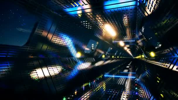 3D 렌더링, 추상적 인 배경, 형광 자외선, 빛나는 네온 라인, 끝없는 터널 내부로 이동, 블루 핑크 스펙트럼, 현대 다채로운 조명 — 비디오