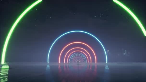 3D Render, abstrakt bakgrund fluorescerande ultraviolett ljus, glödande neonlinjer, går framåt inuti ändlösa tunneln, blå Rosa spektrum, modern färgglad belysning — Stockvideo