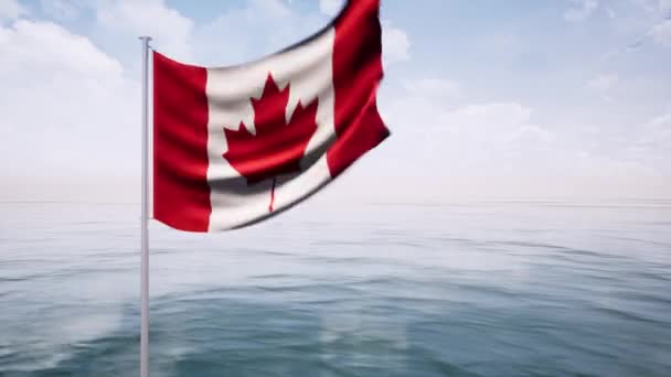 Una gran bandera canadiense sopla en el viento en un día nublado . — Vídeos de Stock