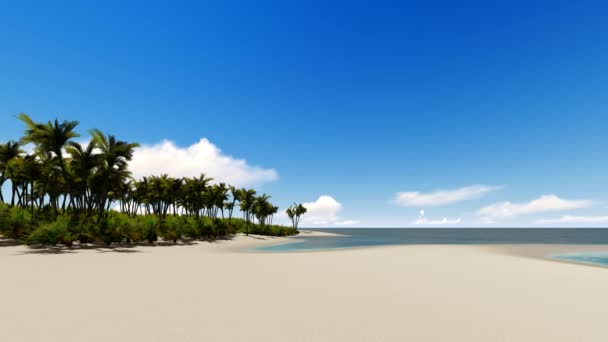 Imágenes de una isla tropical paradisíaca. Nubes que fluyen en el cielo azul y las olas del océano lavando la animación de la costa. Día soleado en la exótica costa desierta de la isla. Playa de arena y palmeras realistas 4k — Vídeos de Stock