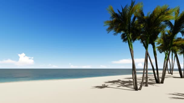 Ilha exótica tropical em imagens oceânicas. Balançando palmeiras no vento, brisa animação realista. Paraíso praia ilha deserta, costa e céu azul, paisagem marinha. Ondas do mar lavando a costa 4k — Vídeo de Stock