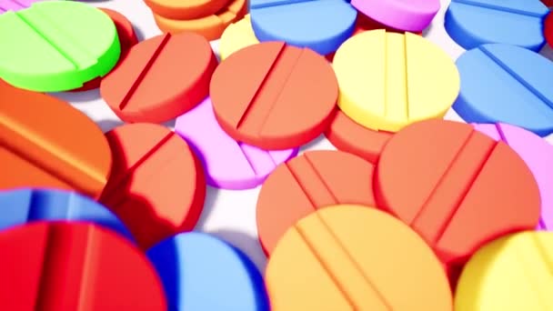 Comprimidos redondos coloridos pilha 3d animação — Vídeo de Stock