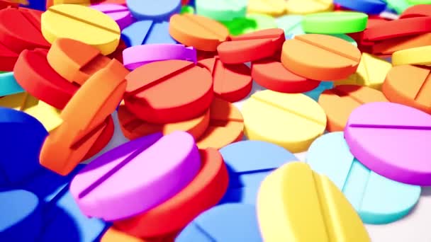 Bunte Vitamine auf weißer Oberfläche 3D-Animation — Stockvideo