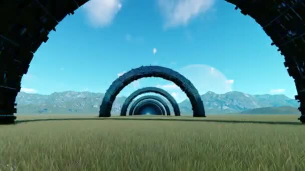 Вход в черный туннель посреди анимации долины — стоковое видео