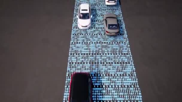 Vehículos que conducen en la animación de la carretera de código binario — Vídeo de stock