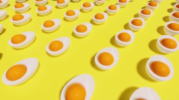Realistiska ägg. Gula gulan. Naturlig bakgrund. 3D realistisk mat — Stockvideo