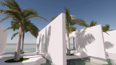 Denizde palmiyeleri olan modern bir bina. Güneşli bir günde bulutsuz mavi gökyüzüne karşı temiz deniz suyunda yer alan tropikal bitkilerle çağdaş beyaz binanın sağ görüşünü yansıt