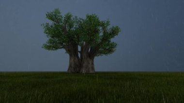 Tek bir ağaç fırtınası. Karanlık orman manzarası. Yan görünüm.