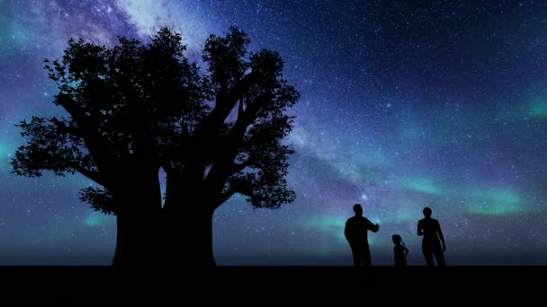 Famiglia Silhouette contro le stelle. Una famiglia felice. Concetto di viaggio. Stile di vita. Paesaggio esterno. — Video Stock