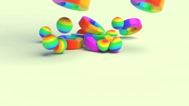 Küreler ve tori gökkuşağı renkli lgbt geometrik şekiller yüzeye düşer. Minimalist kapak görüntüsü