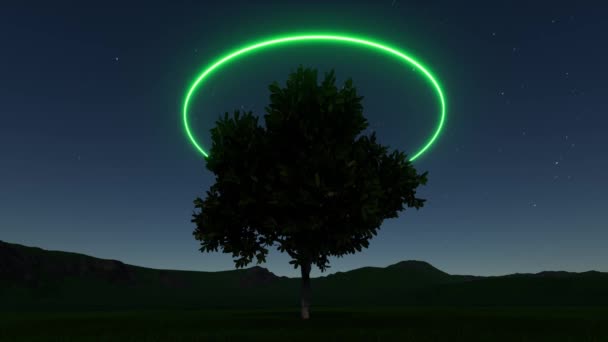 Anello al neon albero in stile astratto su stelle profonde. Storia della scienza moderna. Luce al neon. — Video Stock