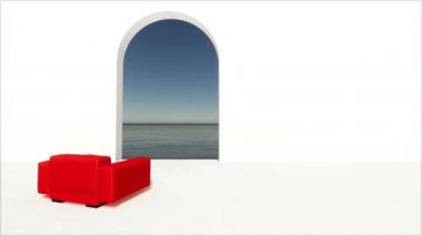 Kapı camı, kırmızı koltuk, deniz, oturma odası, iç kısım.