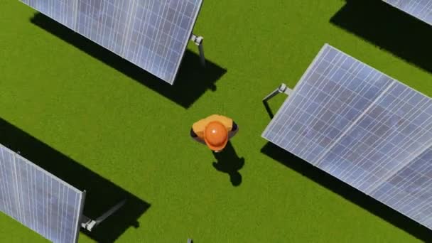 Персонаж, работающий возле солнечных панелей — стоковое видео