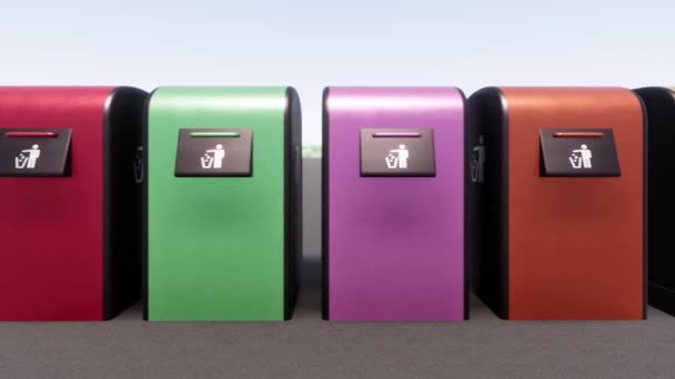 Papelera Reciclar plástico Cajas de colores clasificación de residuos bombillas de vidrio metálico orgánico. — Vídeo de stock
