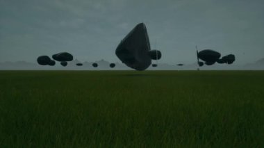 Toz bulutlarında uçan kayalar. Karanlık arka plan.