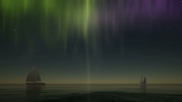 Noorderlicht zeilboot op sterren achtergrond — Stockvideo
