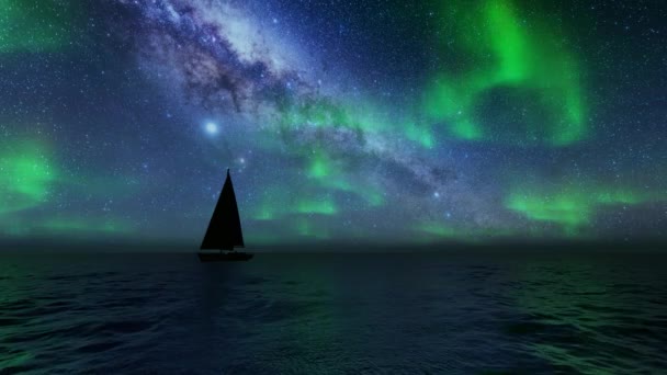 Beautiful northern lights sailboat Sea landscape. — Stock Video