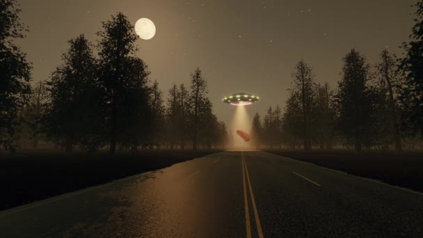 Fantasy budoucnost 3d UFO ukradl červené auto v noci — Stock video