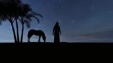 Çöldeki yıldızlı bir gecenin arka planında bir atın siluetleri ve bir bedevi Arap.