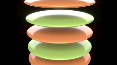 Resim, siyah bg üzerinde sonsuz 4k döngü yapabilen parlak disk şekilli nesnelerden oluşan dikey bir yığın içerir.