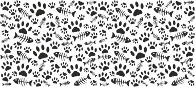 Fingerprints and skeletons of fish. Black on a white background. Endless seamless vector pattern of cat tracks. Pads and fish bones clipart
